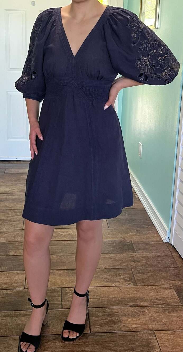 Scarlett Poppies Navy Blue Embroidered Puff Sleeve Mini Dress Size XS